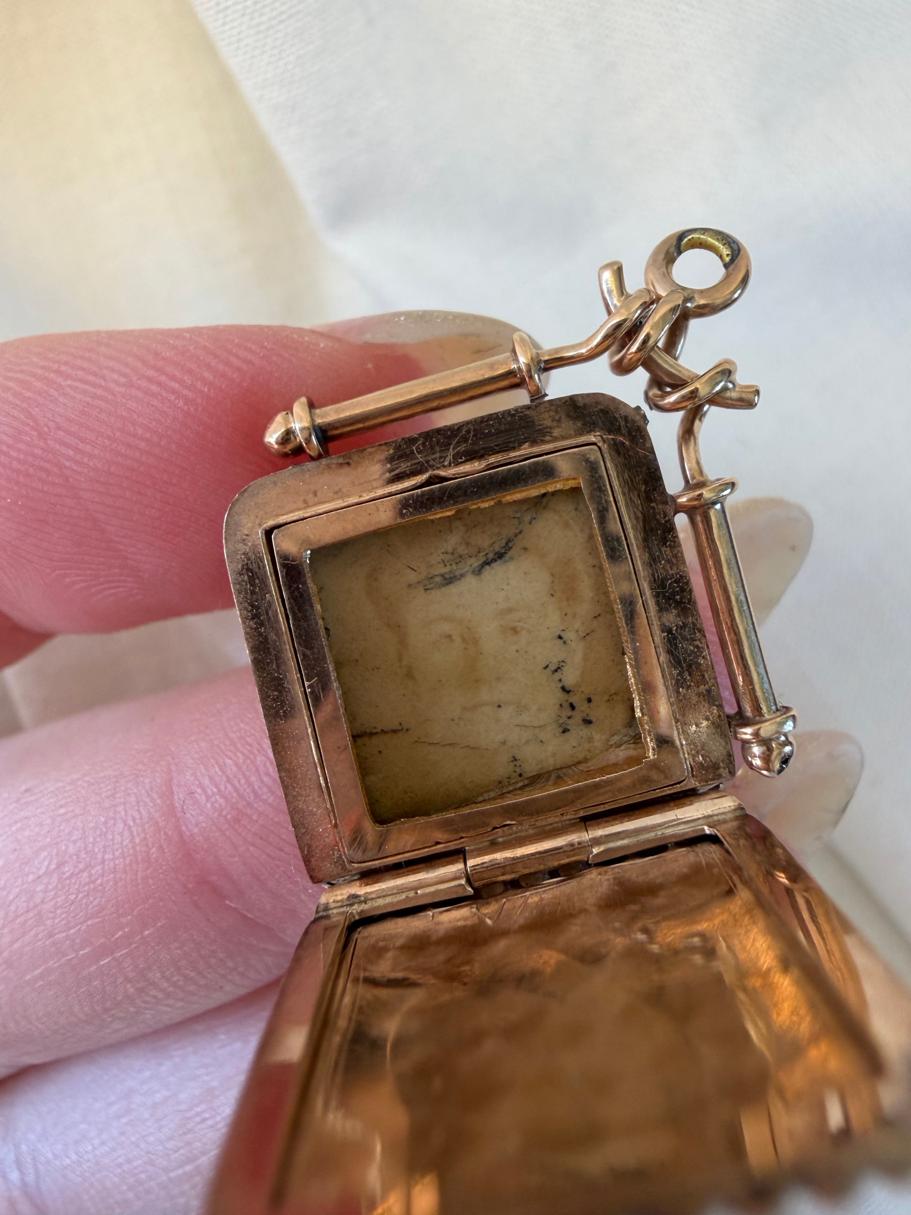 Victorian 10k Rose Gold and Old Mine Cut Diamond Star Square Locket Pendant