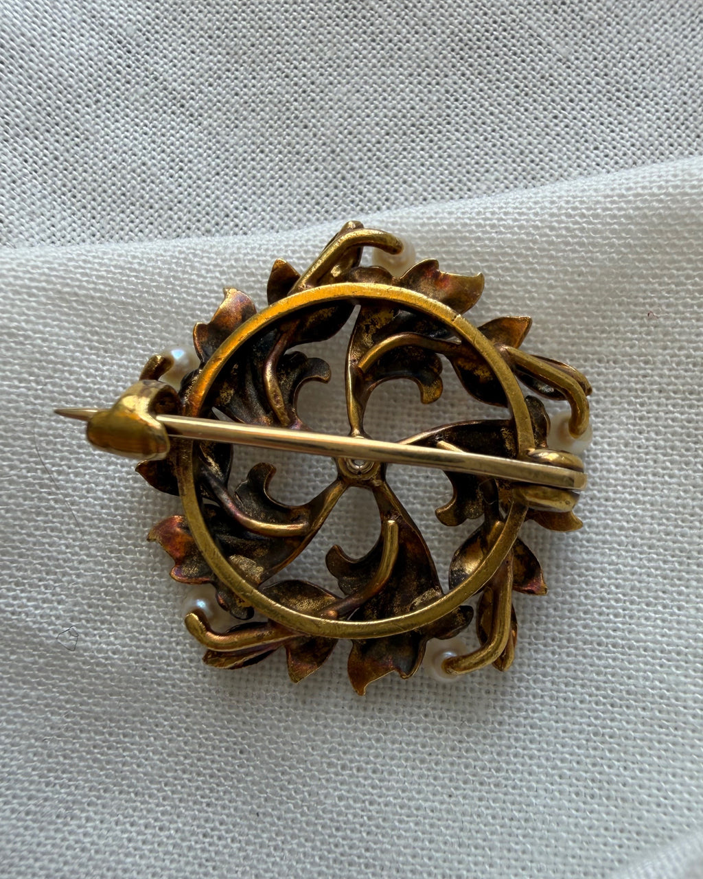 Art Nouveau 14k Yellow Gold, Diamond, and Pearl Floral Leaf Brooch