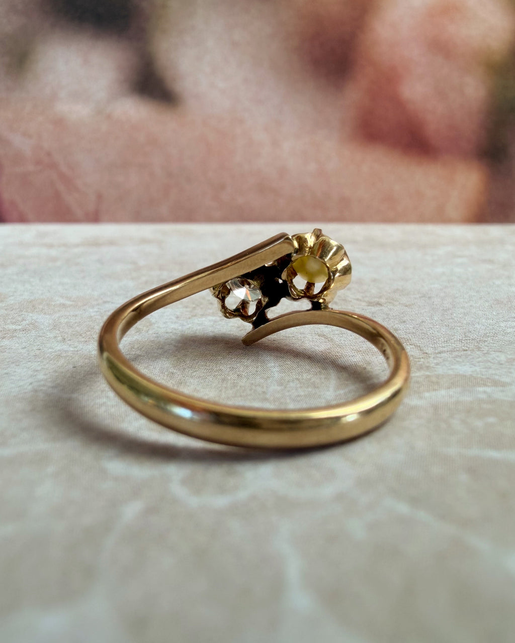 Retro 12k Yellow Gold Diamond and Pearl Toi et Moi Bypass Buttercup Ring