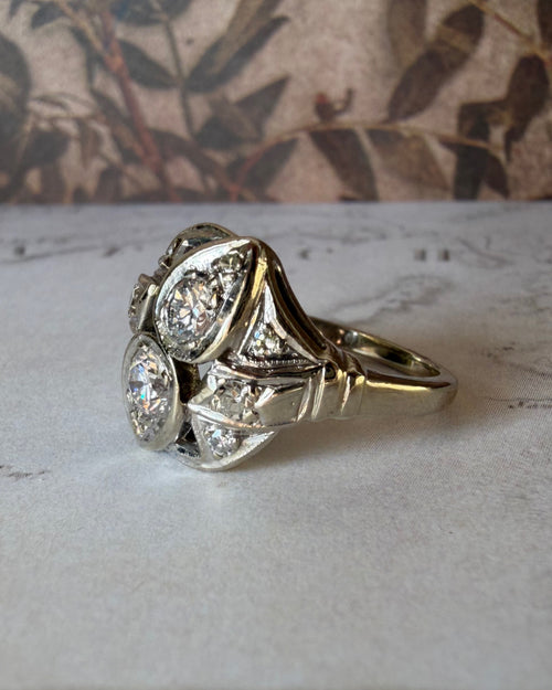 Late Art Deco 14k White and Diamond Toi et Moi Dinner Ring