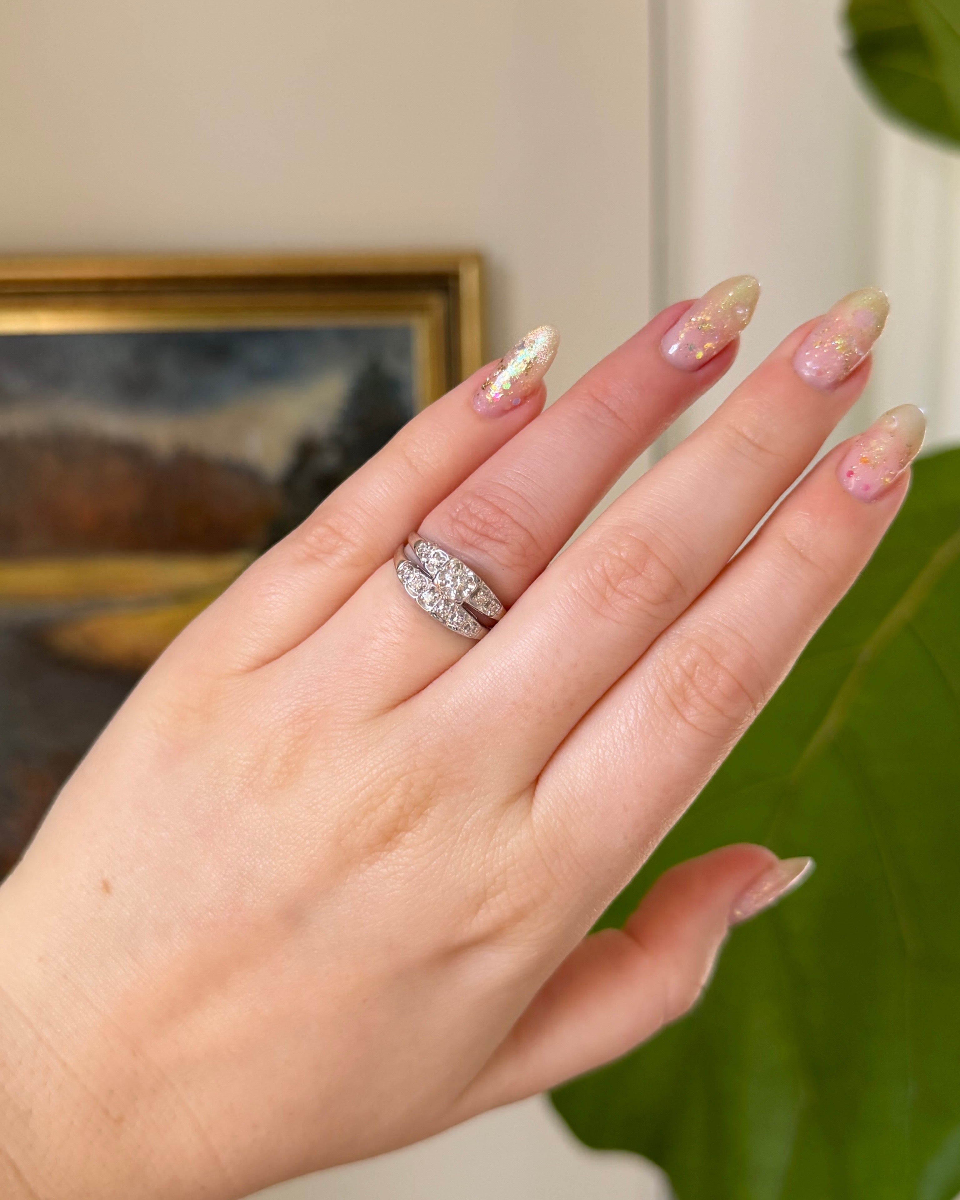 Mid-Century 14k White Gold and Diamond Illusion Wedding Ring Set