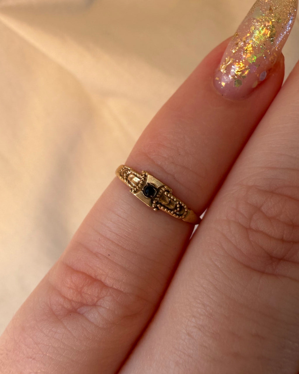 Edwardian Ostby and Barton 10k Yellow Gold and Red Glass Baby Midi Ring