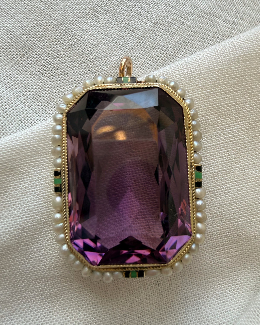 Art Deco Walter Lampl 14k Yellow Gold, Amethyst, Seed Pearl, and Enamel Pendant Brooch