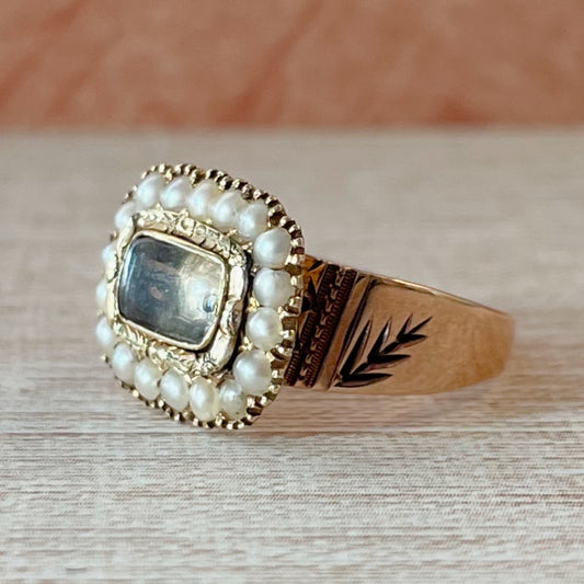 Antique Georgian 10k Gold, 14k Gold, and Seed Pearl Mourning Locket Ring