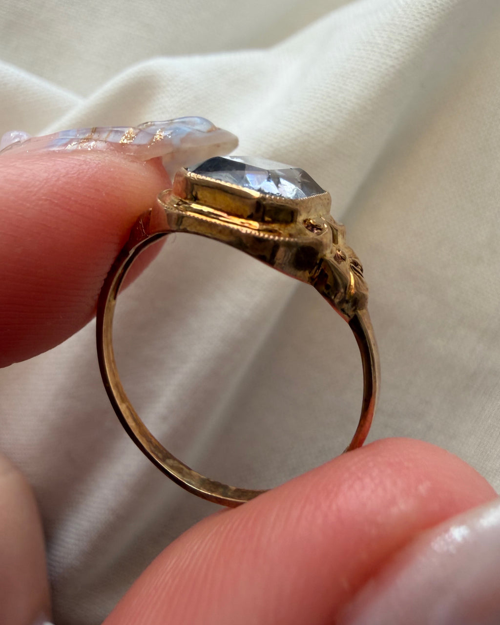 Retro Budlong Docherty & Armstrong 10k Yellow Gold and Blue Glass Bezel Ring
