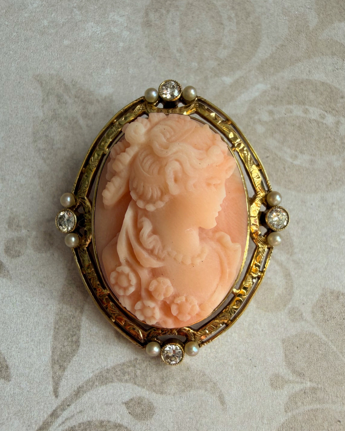Edwardian 14k Yellow Gold, Coral, Diamond, and Pearl Cameo Pendant Brooch