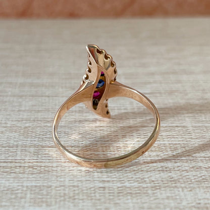 Edwardian 10k Rose Gold Sapphire, Ruby, and Pearl Ring