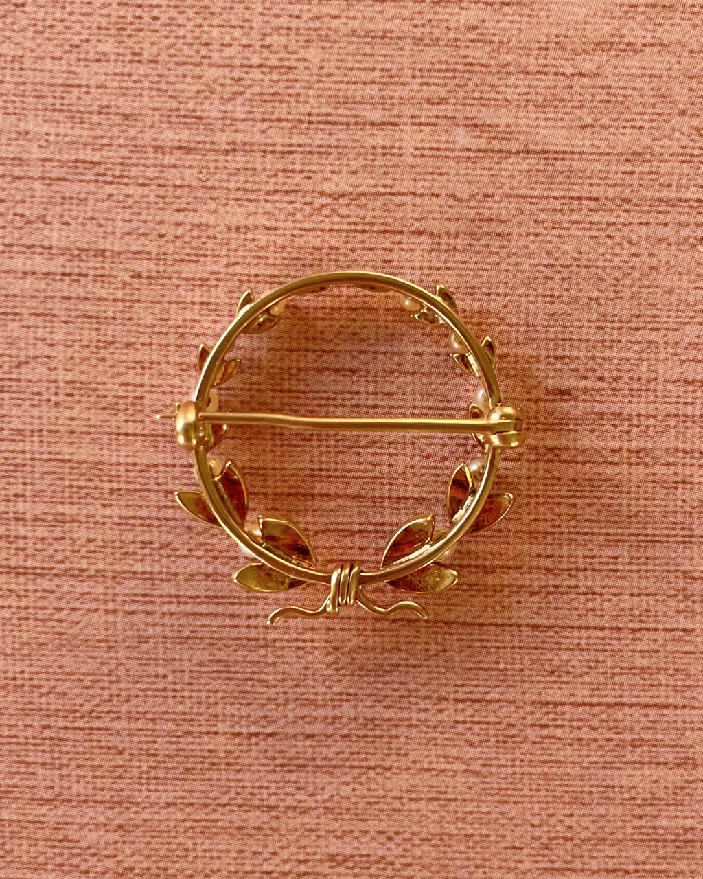 Edwardian 14k Yellow Gold and Seed Pearl Laurel Wreath Brooch