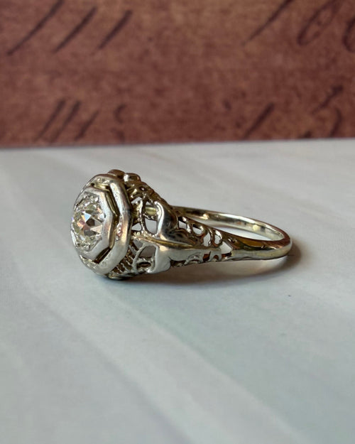 Art Deco 14k White Gold and Old European Cut Diamond Filigree Ring