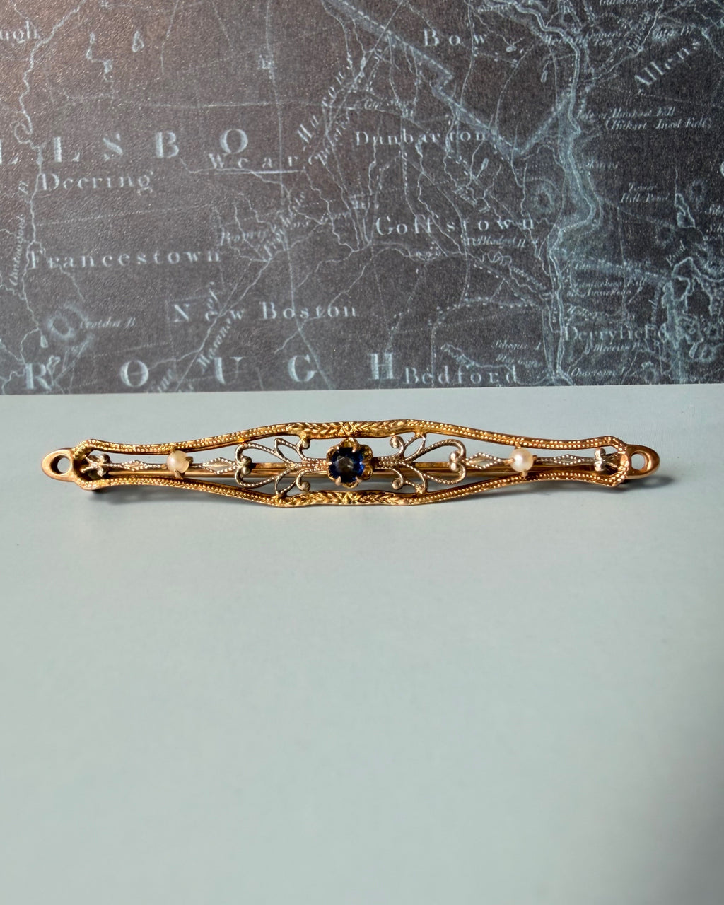 Edwardian Ostby & Barton 14k Two Tone Gold, Sapphire, and Pearl Filigree Bar Brooch