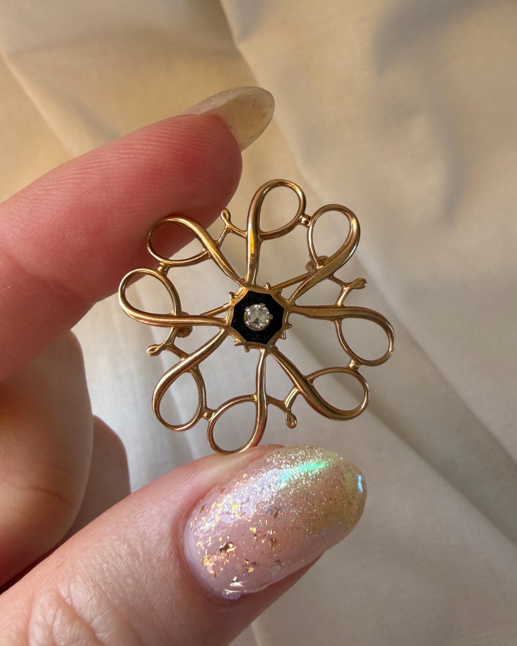 Vintage Robbins Company Avon 10k Yellow Gold, White Sapphire, and Black Enamel Brooch