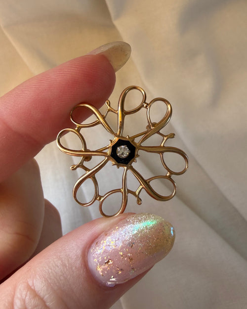 Vintage Robbins Company Avon 10k Yellow Gold, White Sapphire, and Black Enamel Brooch