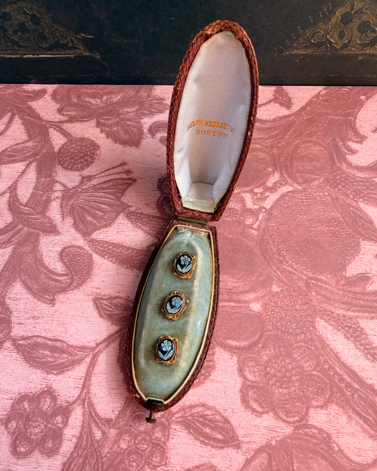 Antique Bigelow, Kennard & Co. 10k Gold Sardonyx Forget-Me-Not Buttons with Original Box