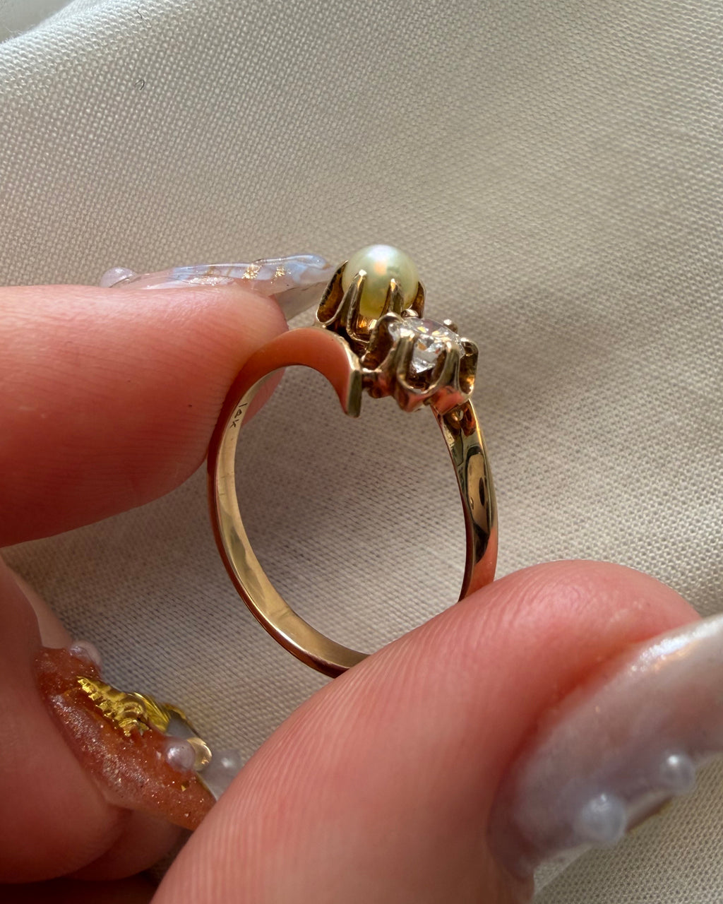 Retro 12k Yellow Gold Diamond and Pearl Toi et Moi Bypass Buttercup Ring