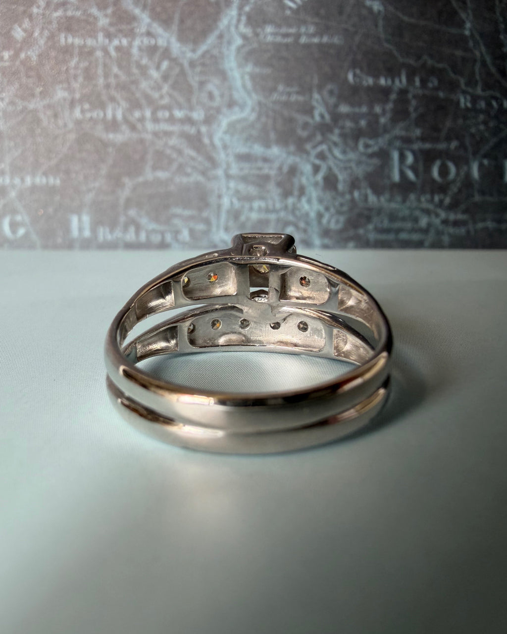 Mid-Century 14k White Gold and Diamond Illusion Wedding Ring Set