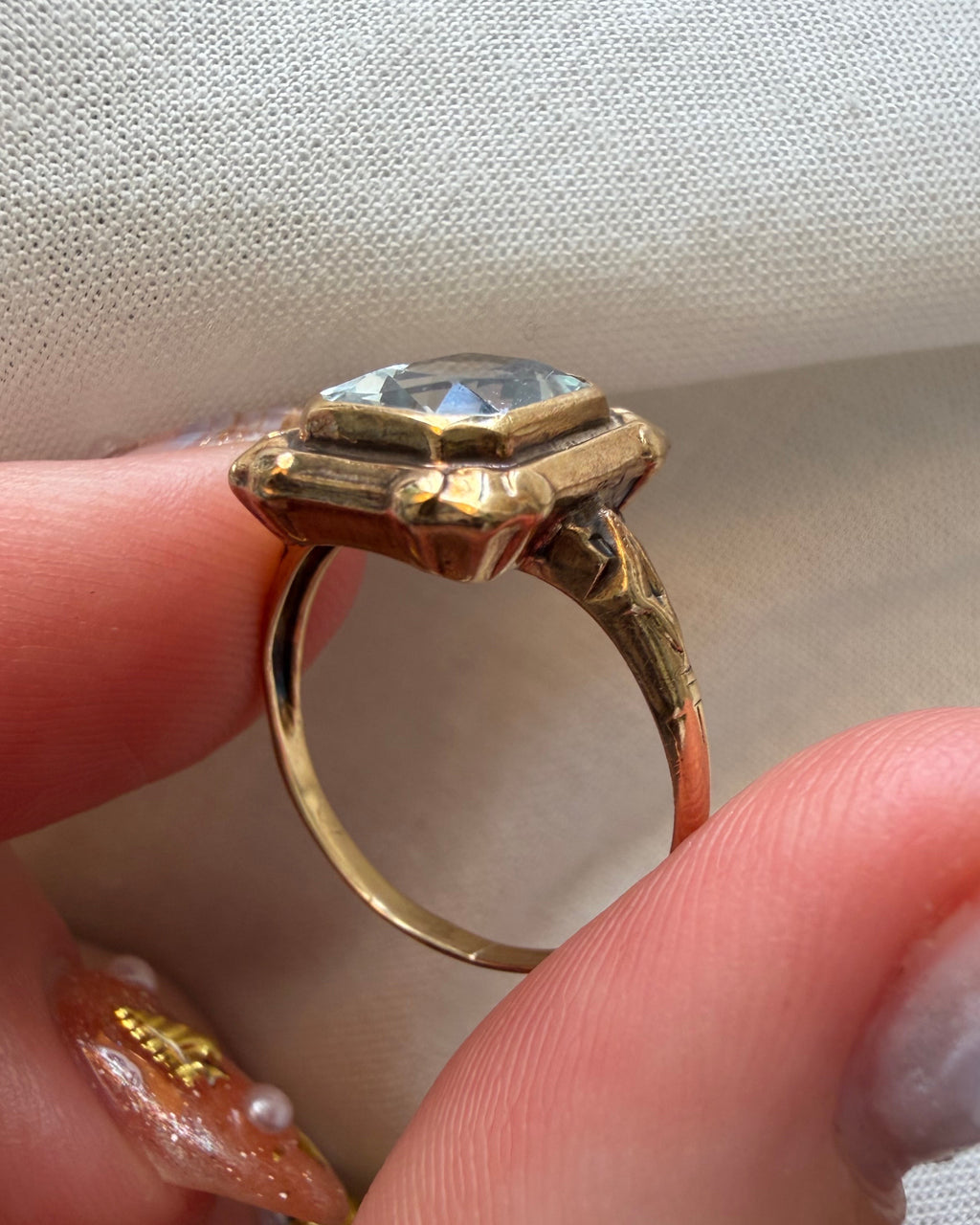 Retro 10k Yellow Gold and Aquamarine Bezel Set Ring