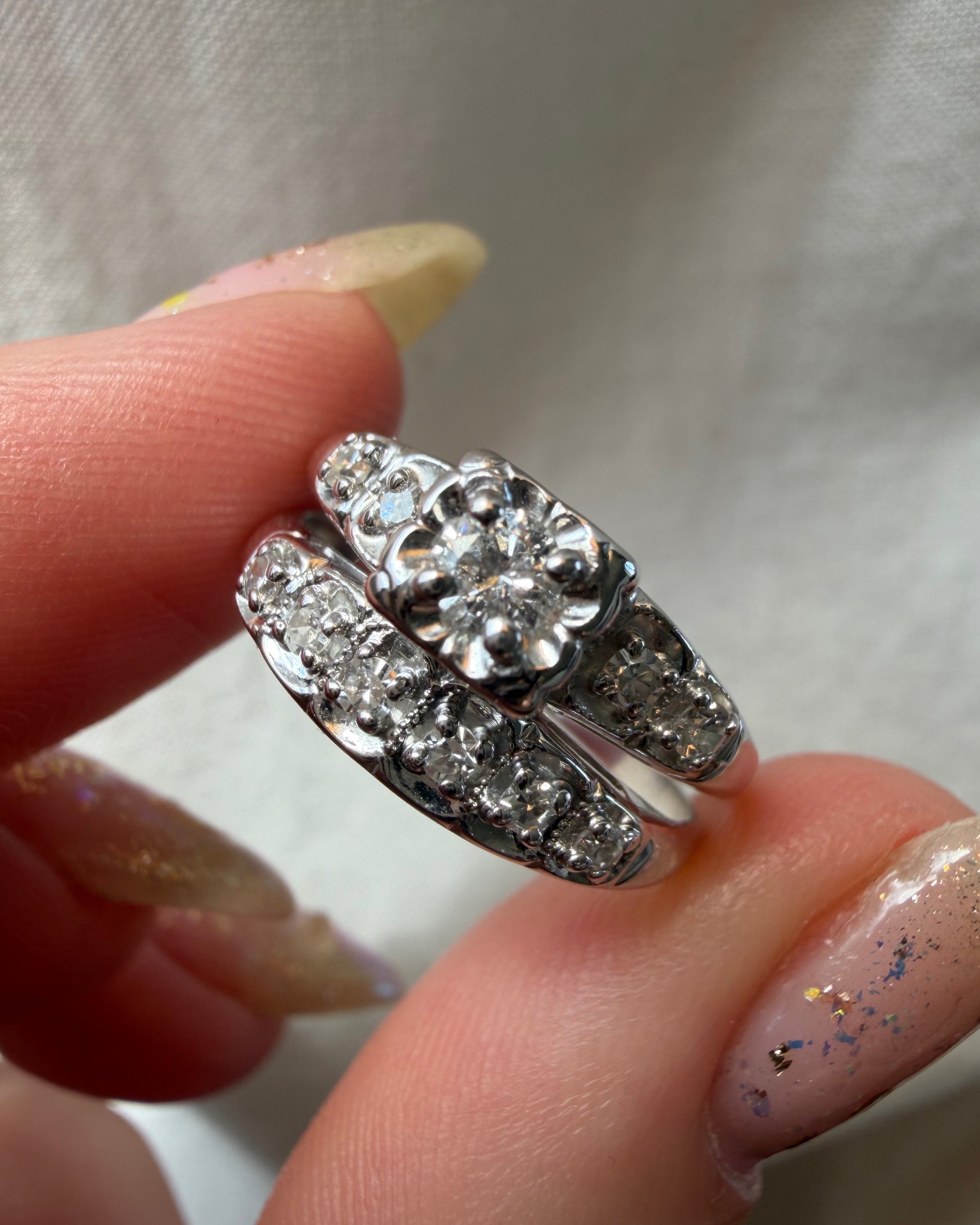 Mid-Century 14k White Gold and Diamond Illusion Wedding Ring Set