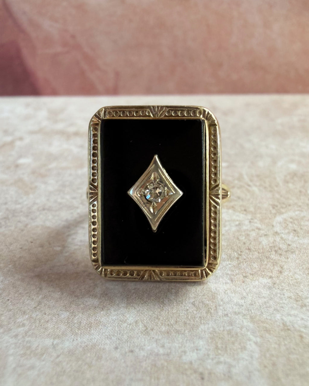 Art Deco 10k Yellow Gold, Onyx, and Diamond Ring