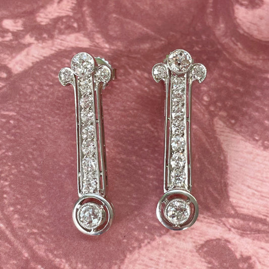 Art Deco Platinum and Old European Cut Diamond Drop Earrings