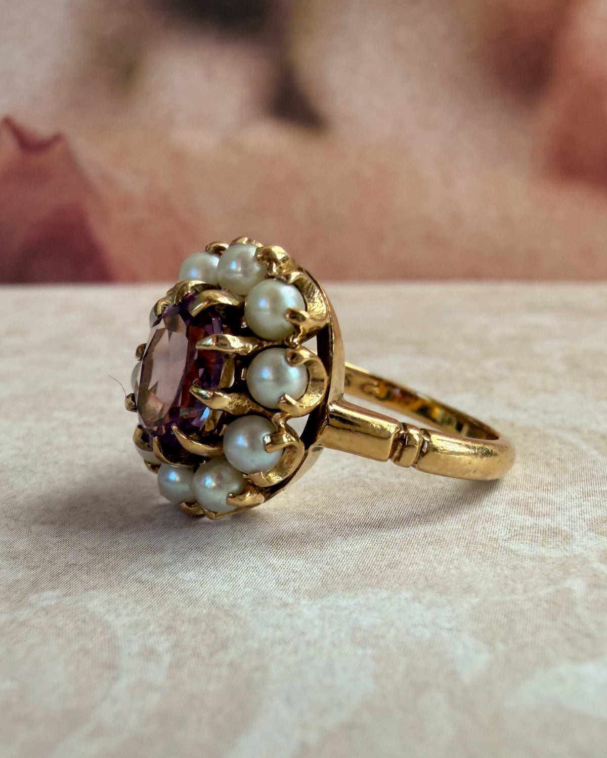 Mid-Century Birks 10k Yellow Gold Synthetic Color Change Sapphire and Pearl Cluster Ring