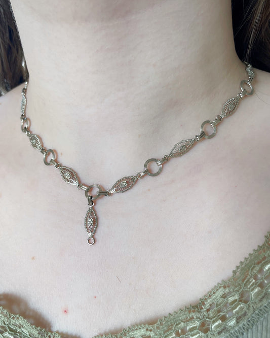 Art Deco 14k White Gold Chain Link Filigree Necklace