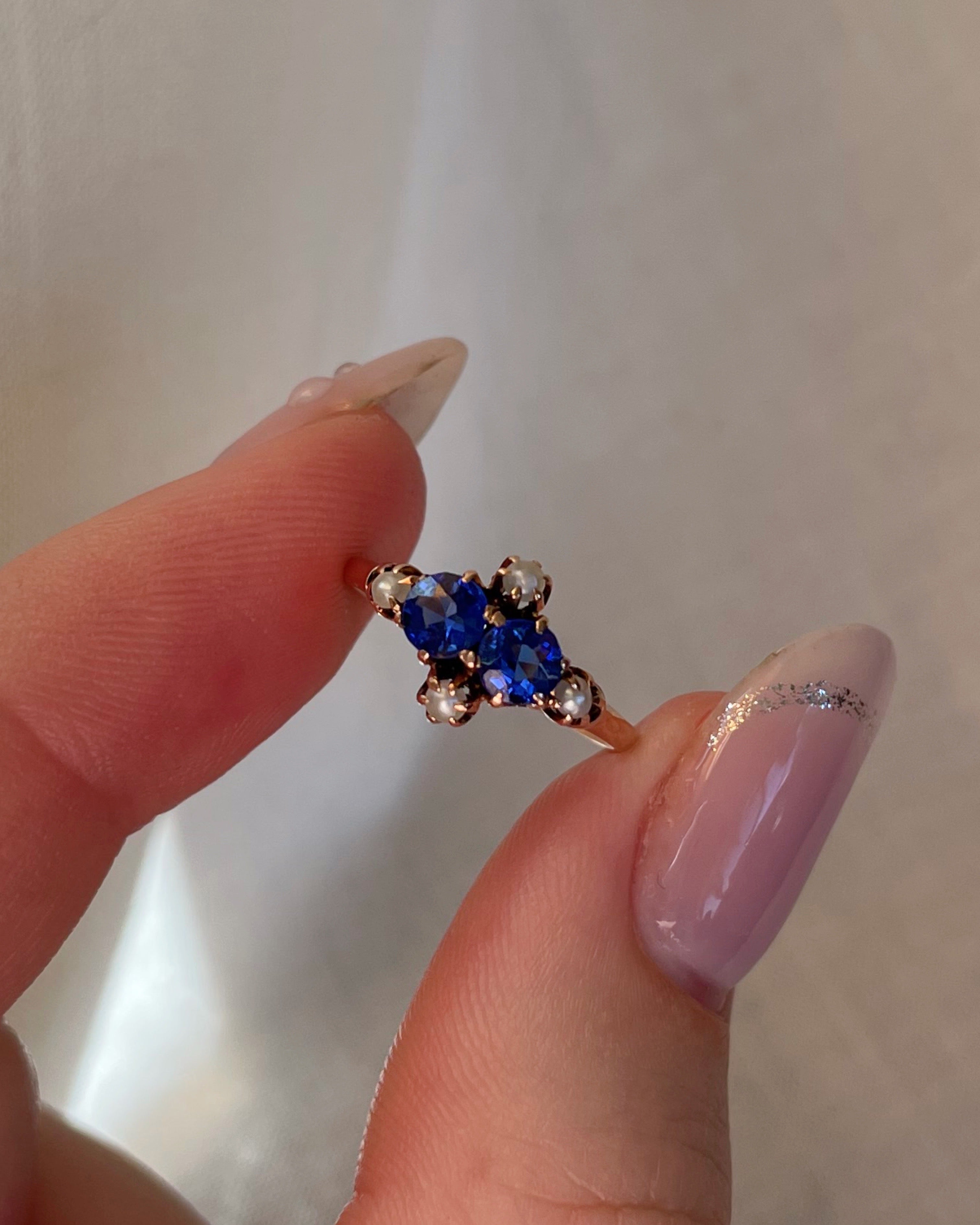 Victorian 10k Rose Gold, Synthetic Sapphire, and Pearl Ring