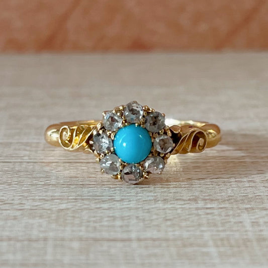 Victorian 18k Yellow Gold, Turquoise, and Diamond Cluster Ring