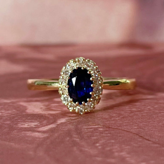 Vintage 14k Yellow Gold, Sapphire, and Diamond Cluster Ring