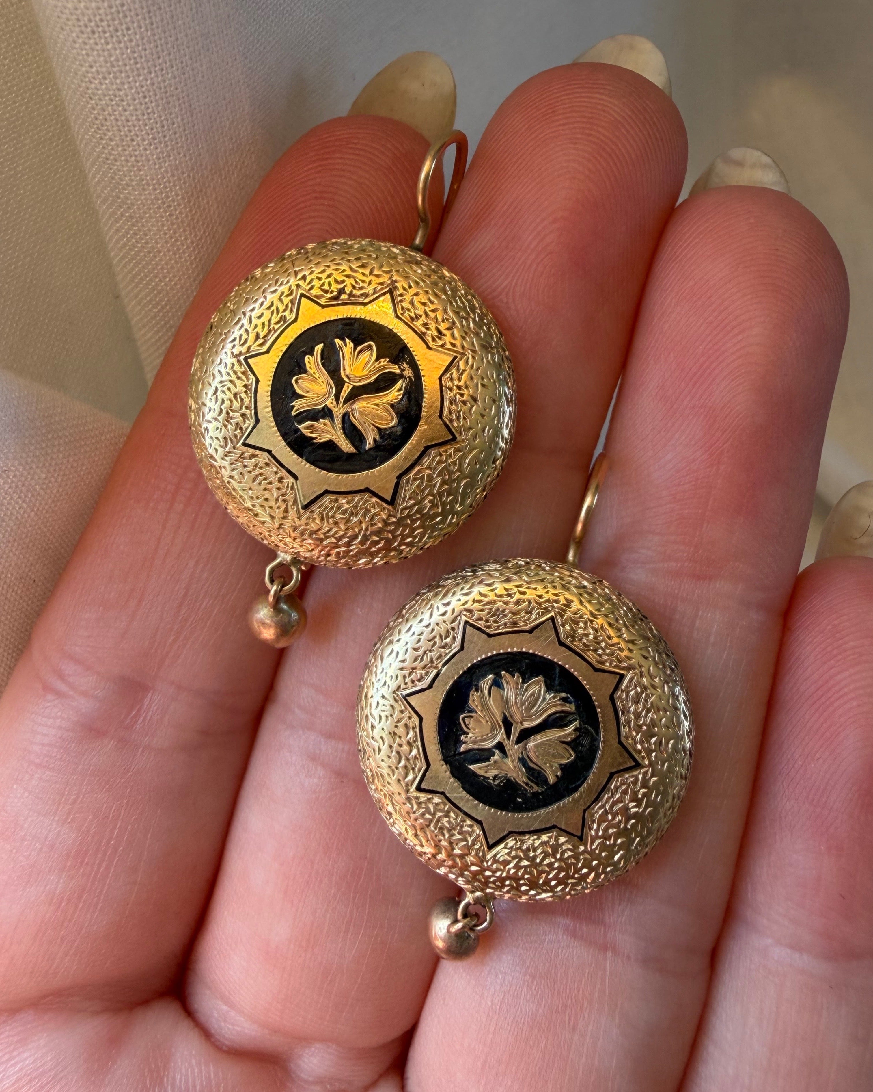 Pair of Victorian 14k Yellow Gold and Black Enamel Drop Earrings