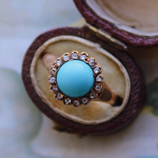 Victorian 10k Rose Gold, Persian Turquoise, and Diamond Cluster Ring