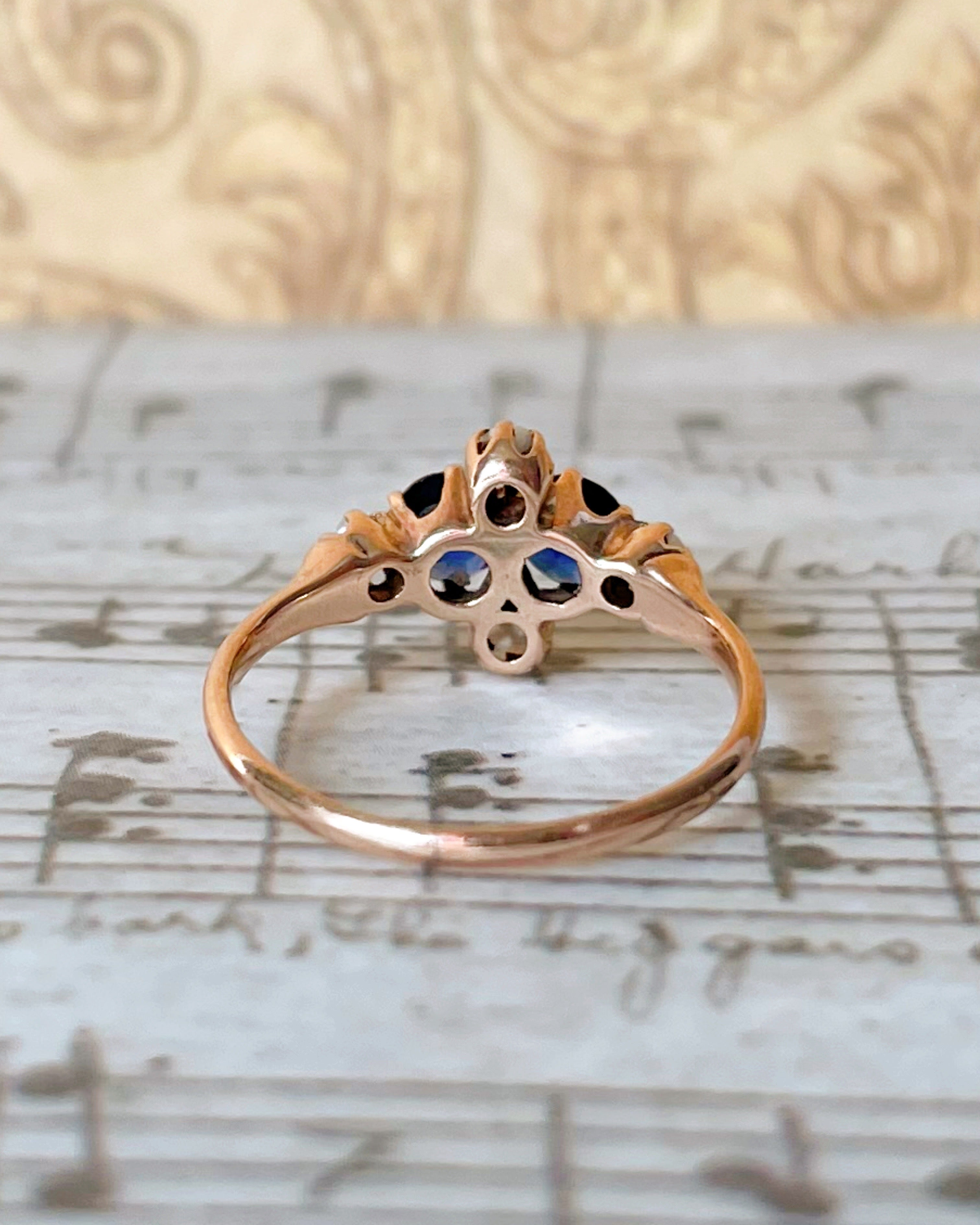 Victorian 10k Rose Gold, Synthetic Sapphire, and Pearl Ring
