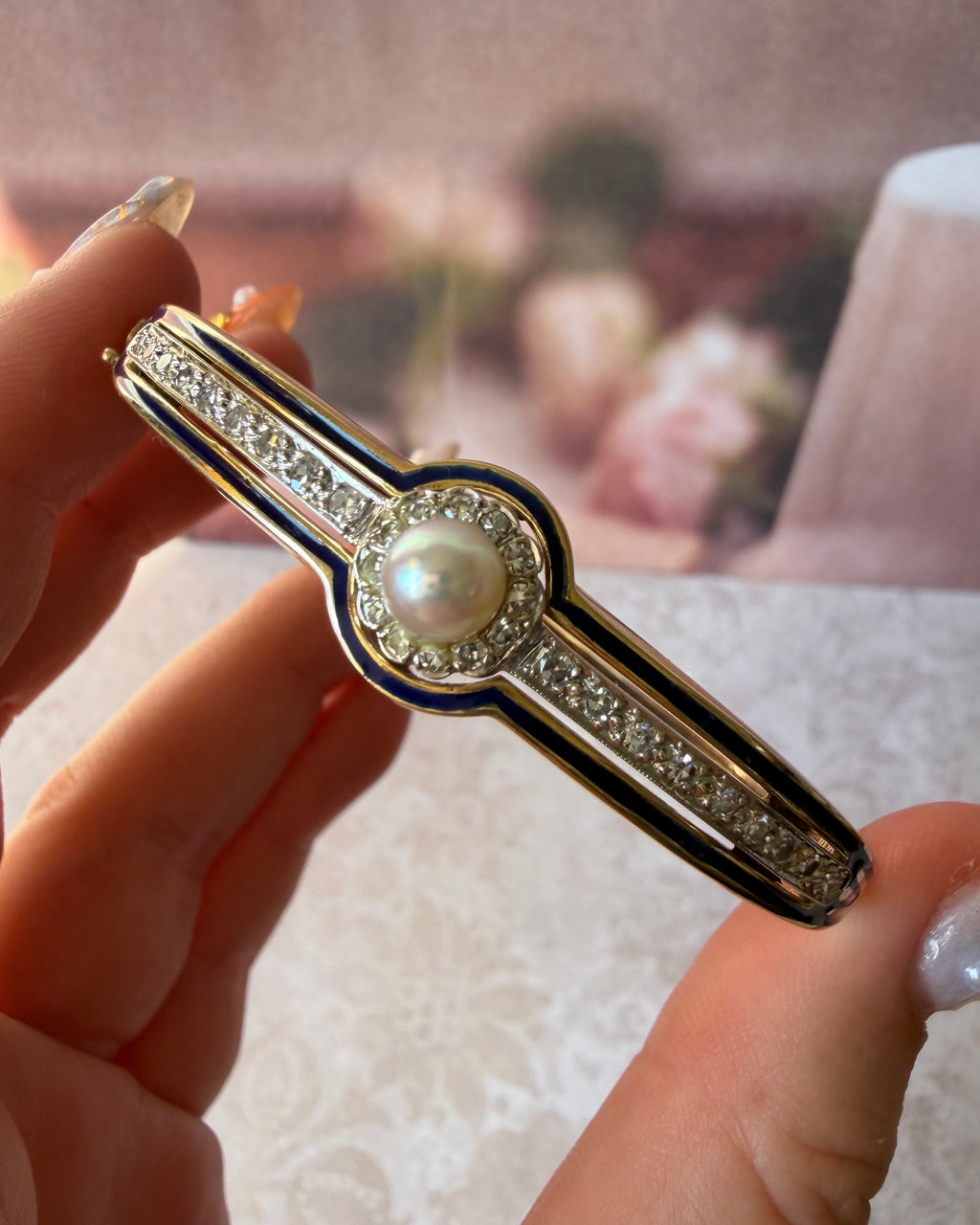 Victorian Revival 14k Yellow Gold, Pearl, Diamond, and Enamel Bangle Bracelet
