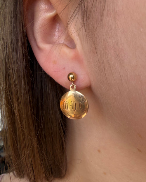 Pair of Edwardian 14k Yellow Gold Engraved Disk Drop Screw Back Earrings