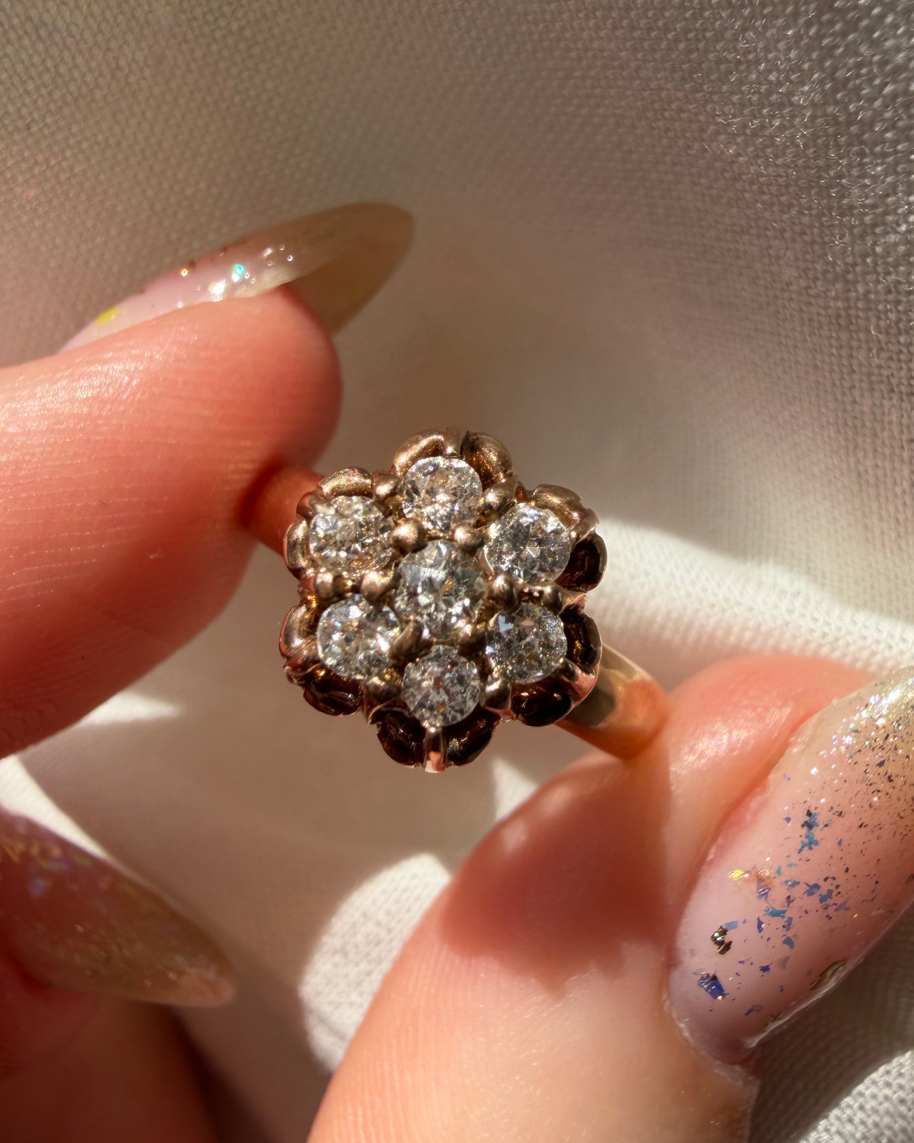 Victorian 10k Rose Gold and Old Mine Cut Diamond Cluster Ring