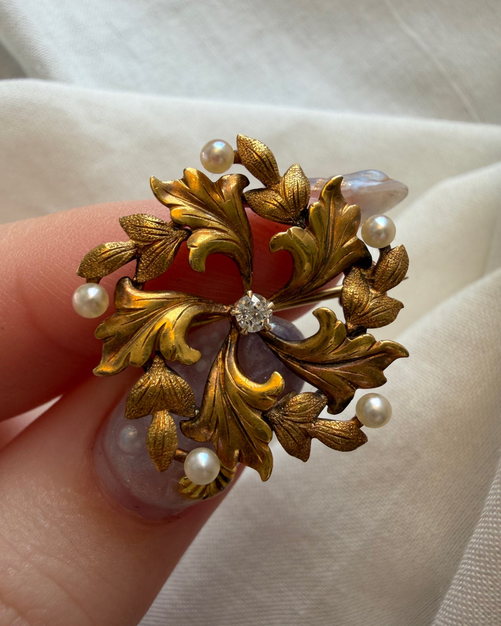 Art Nouveau 14k Yellow Gold, Diamond, and Pearl Floral Leaf Brooch