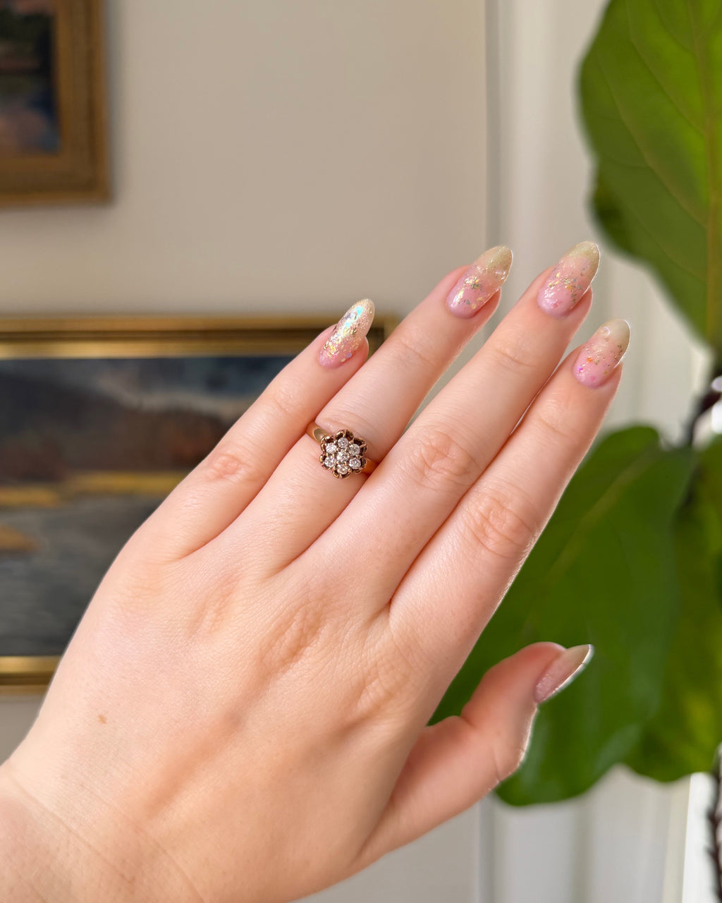 Victorian 10k Rose Gold and Old Mine Cut Diamond Cluster Ring