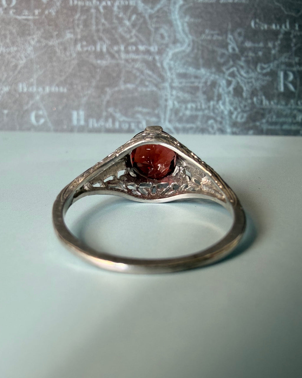 Art Deco 14k White Gold and Garnet Filigree Ring
