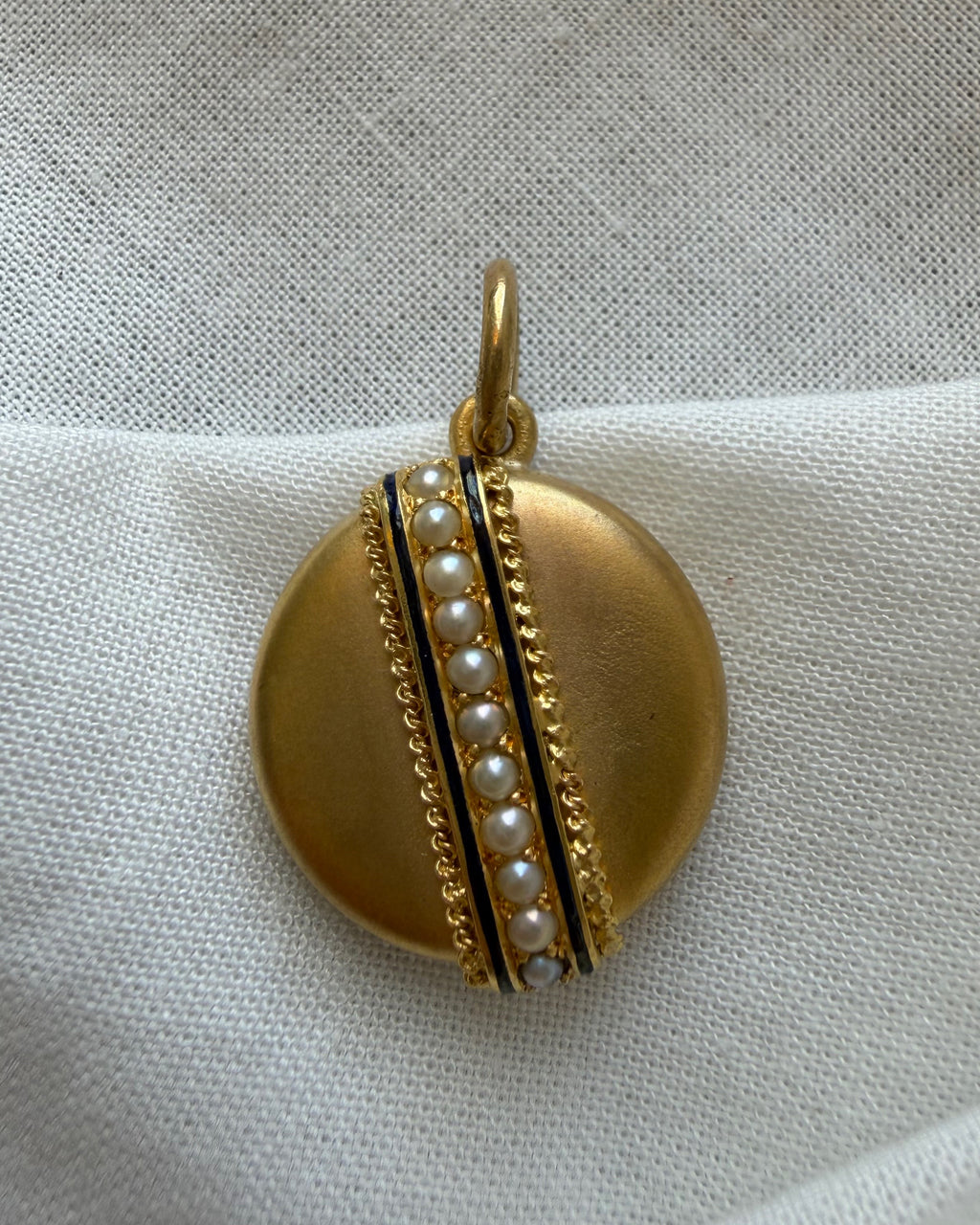 Victorian 14k Yellow Bloomed Gold, Pearl, and Enamel Locket Pendant