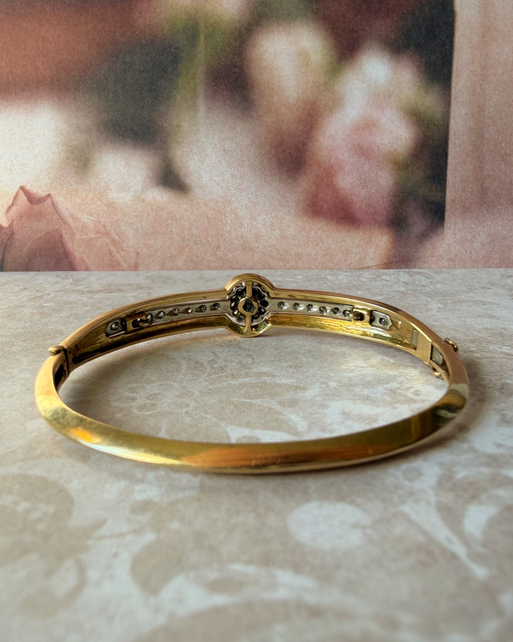 Victorian Revival 14k Yellow Gold, Pearl, Diamond, and Enamel Bangle Bracelet