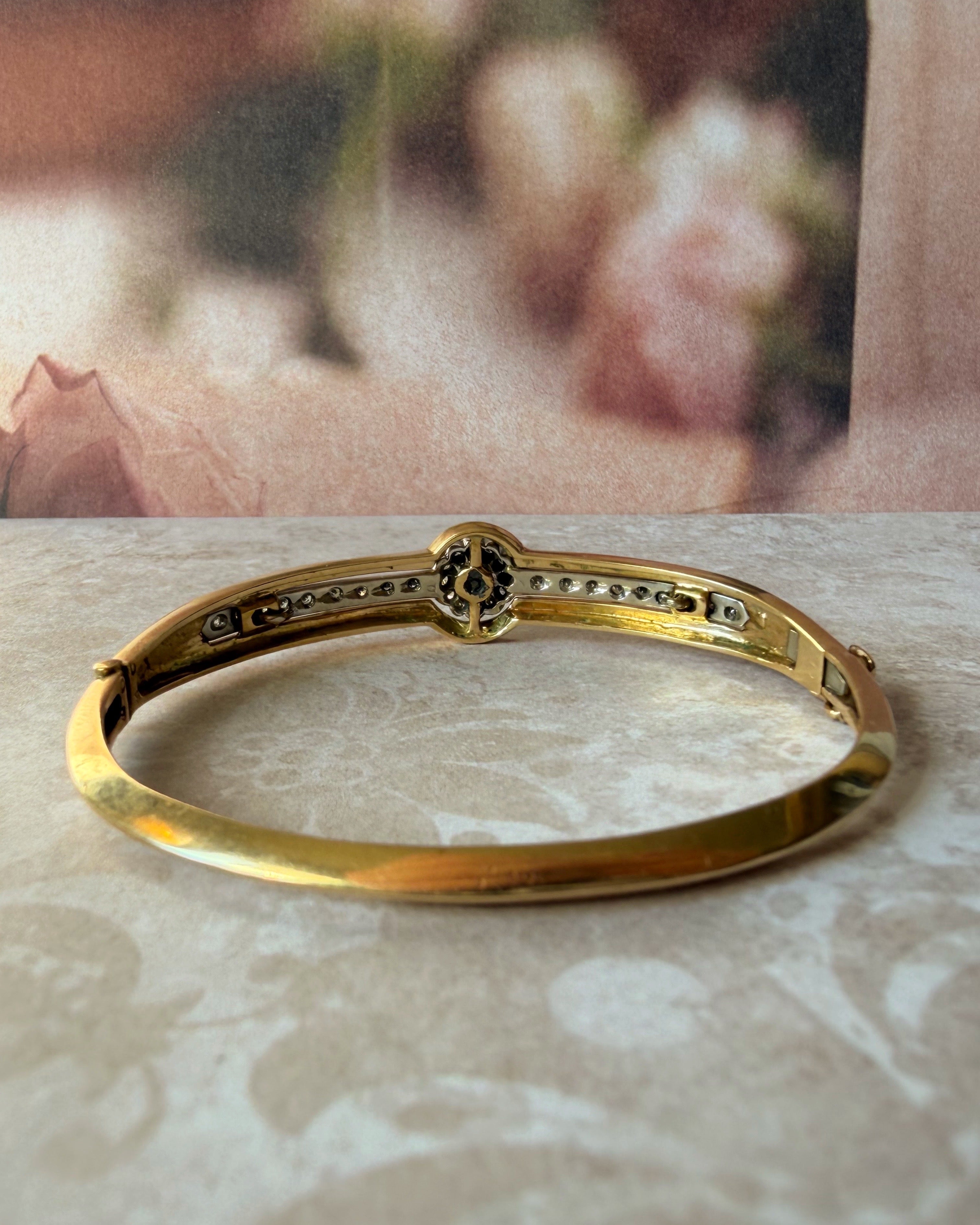 Victorian Revival 14k Yellow Gold, Pearl, Diamond, and Enamel Bangle Bracelet