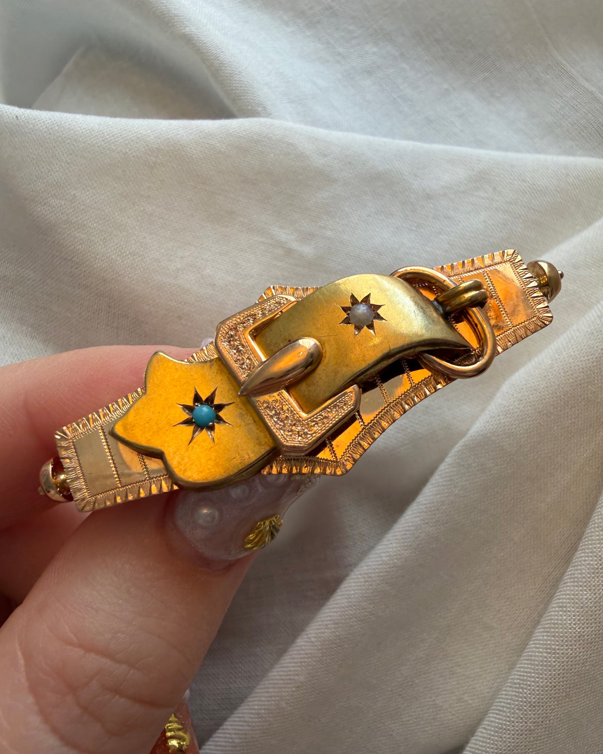 Victorian 14k Bloomed Two-Tone Gold, Turquoise, and Pearl Buckle Brooch