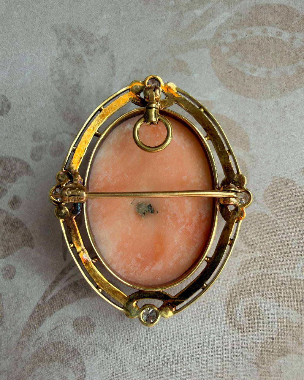 Edwardian 14k Yellow Gold, Coral, Diamond, and Pearl Cameo Pendant Brooch