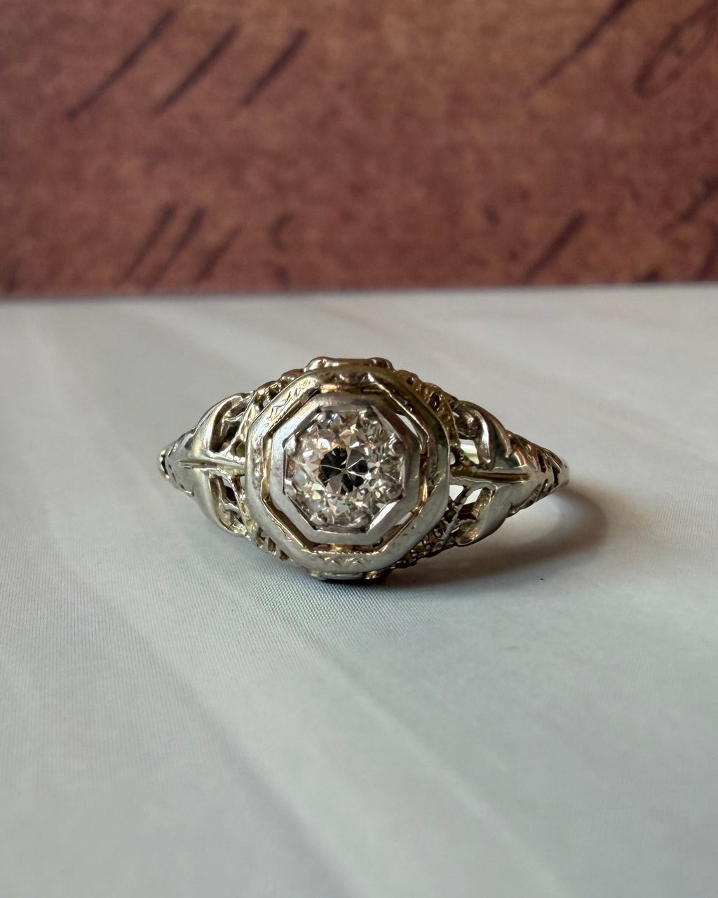 Art Deco 14k White Gold and Old European Cut Diamond Filigree Ring