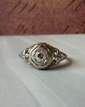 Art Deco 14k White Gold and Old European Cut Diamond Filigree Ring