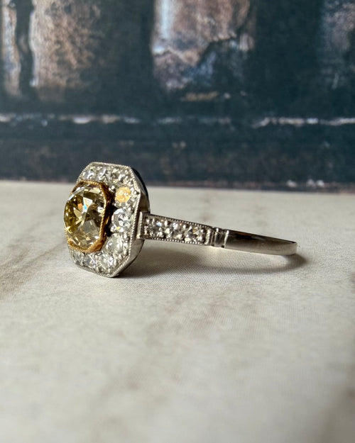 Art Deco-Inspired Platinum Fancy Light Brown Old Mine Cut Halo Ring