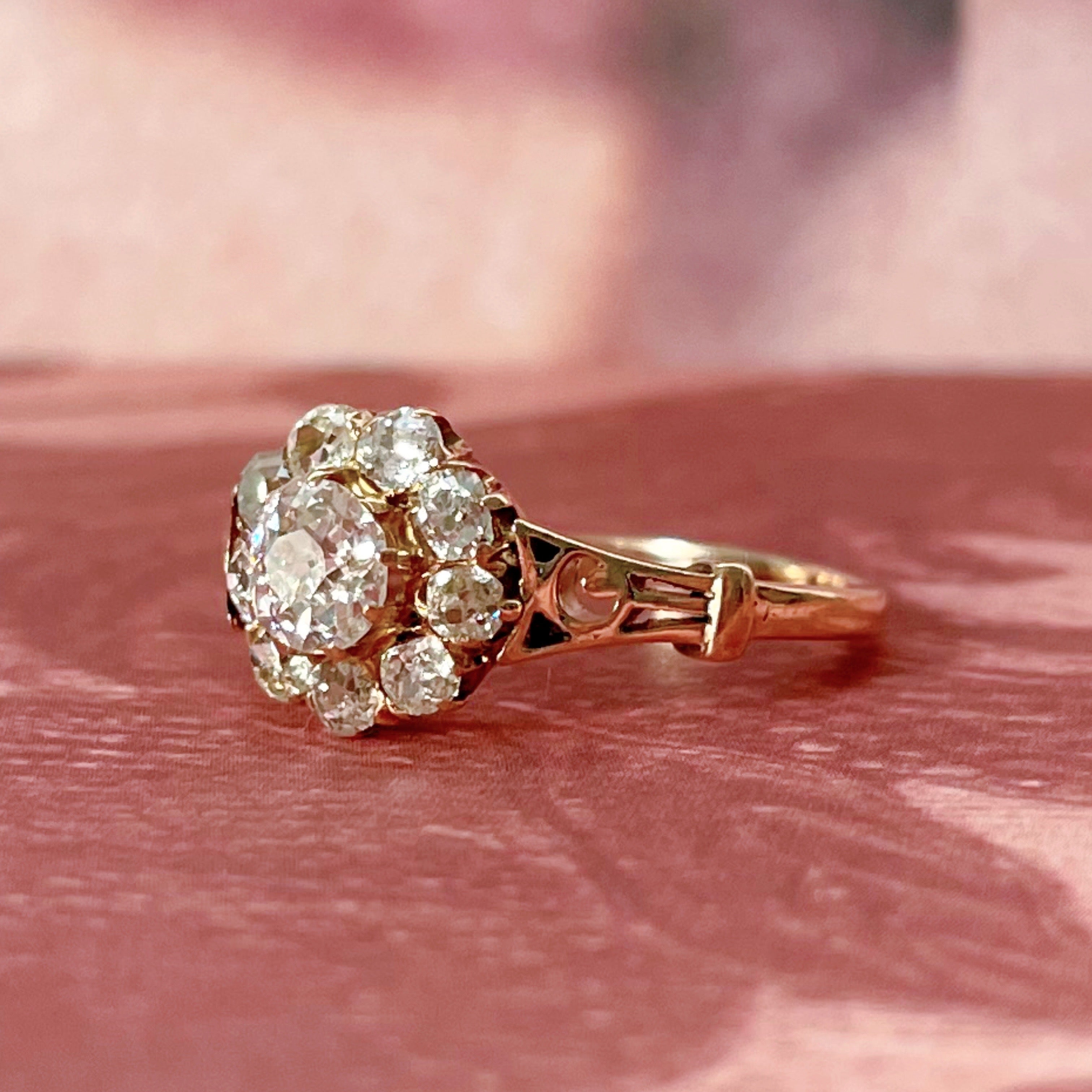 Victorian 10K Rose Gold and Old Mine Cut Diamond Cluster Ring