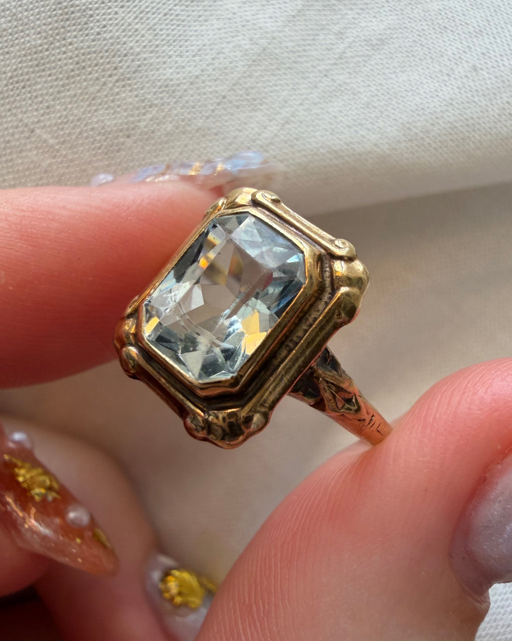 Retro 10k Yellow Gold and Aquamarine Bezel Set Ring