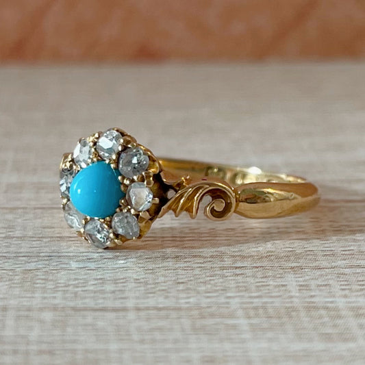 Victorian 18k Yellow Gold, Turquoise, and Diamond Cluster Ring