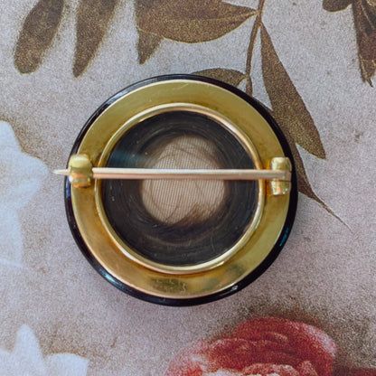 Edwardian 14k Yellow Gold, Platinum, Diamond, and Agate Mourning Brooch