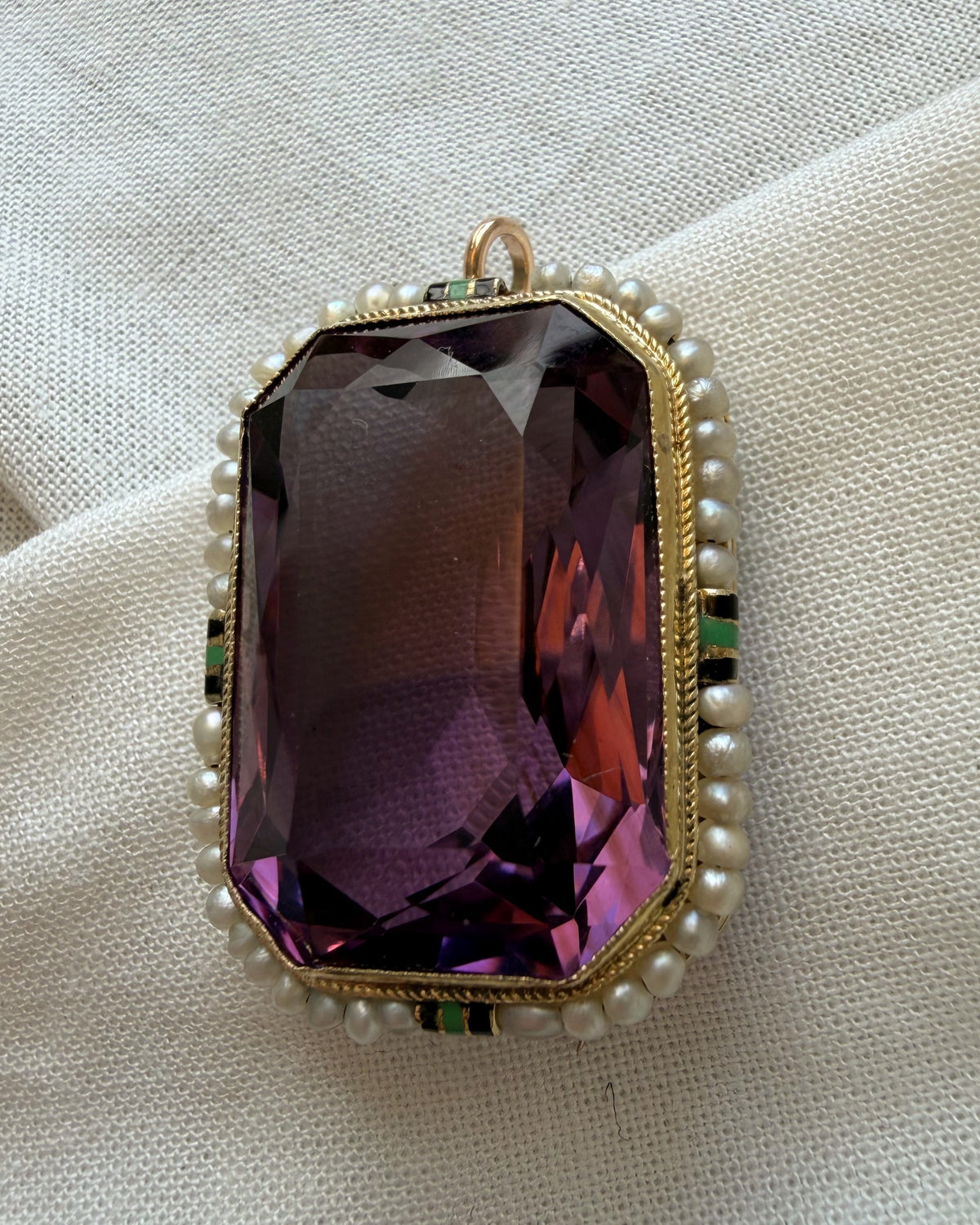 Art Deco Walter Lampl 14k Yellow Gold, Amethyst, Seed Pearl, and Enamel Pendant Brooch